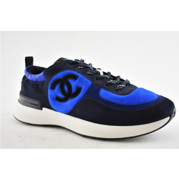Chanel 21K Blue Suede White CC Logo Lace Up Tie Flat Runner Trainer Sneaker 39.5 - Picture 5 of 11